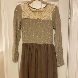 Small Altar’d State Dress in mauve: tulle and tan swiss dot sweater upper half